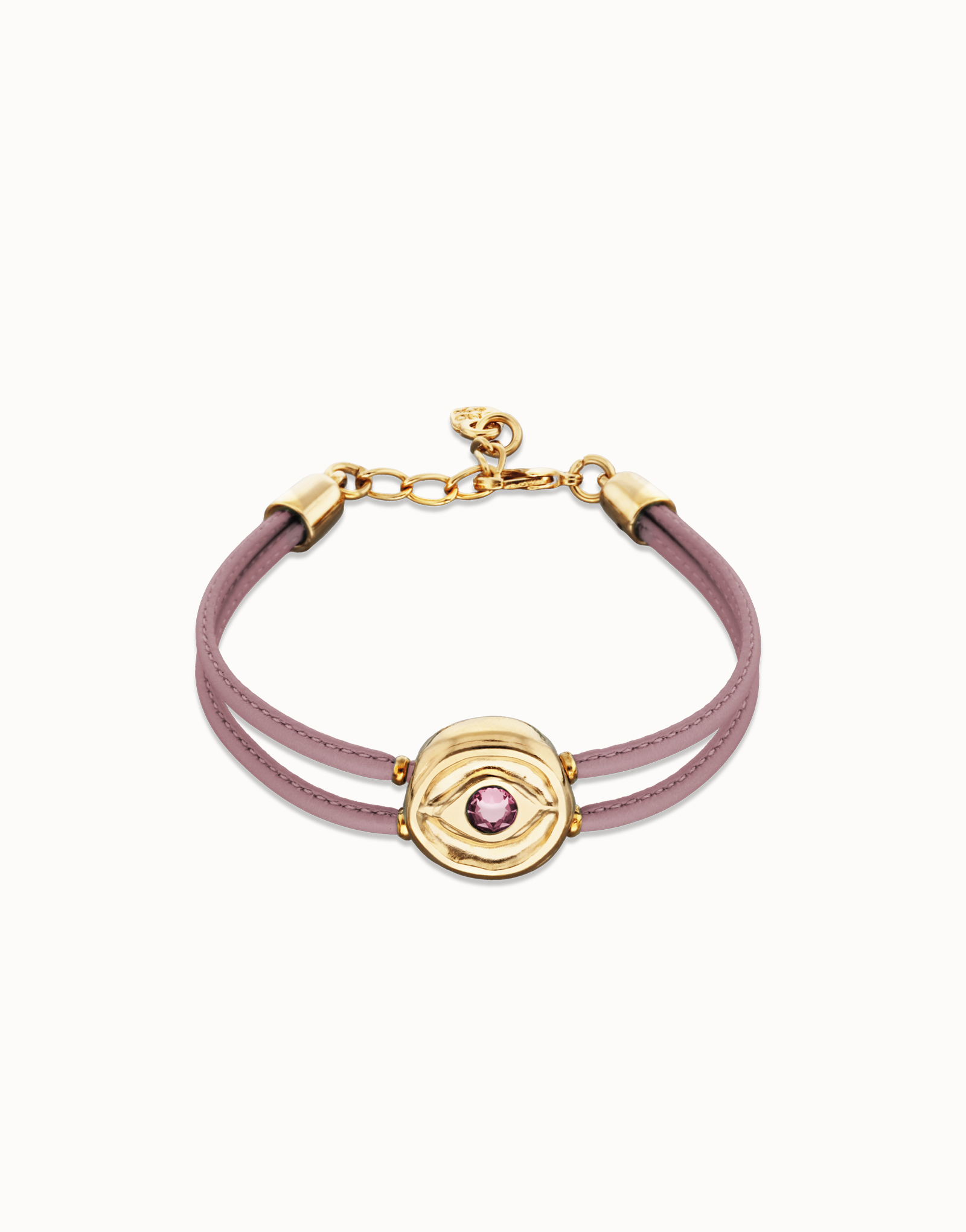 Double lilac leather birthstone bracelet with eye, Golden, large thumbnail