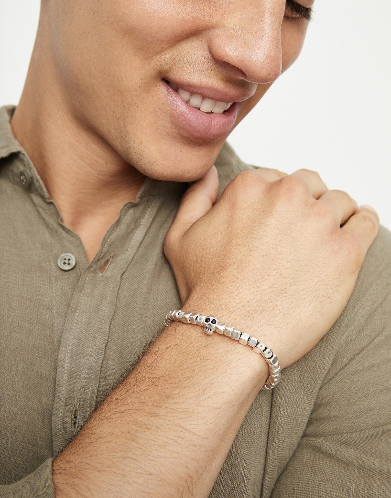 Beaded stretch bracelet with a skull, Silver, large thumbnail