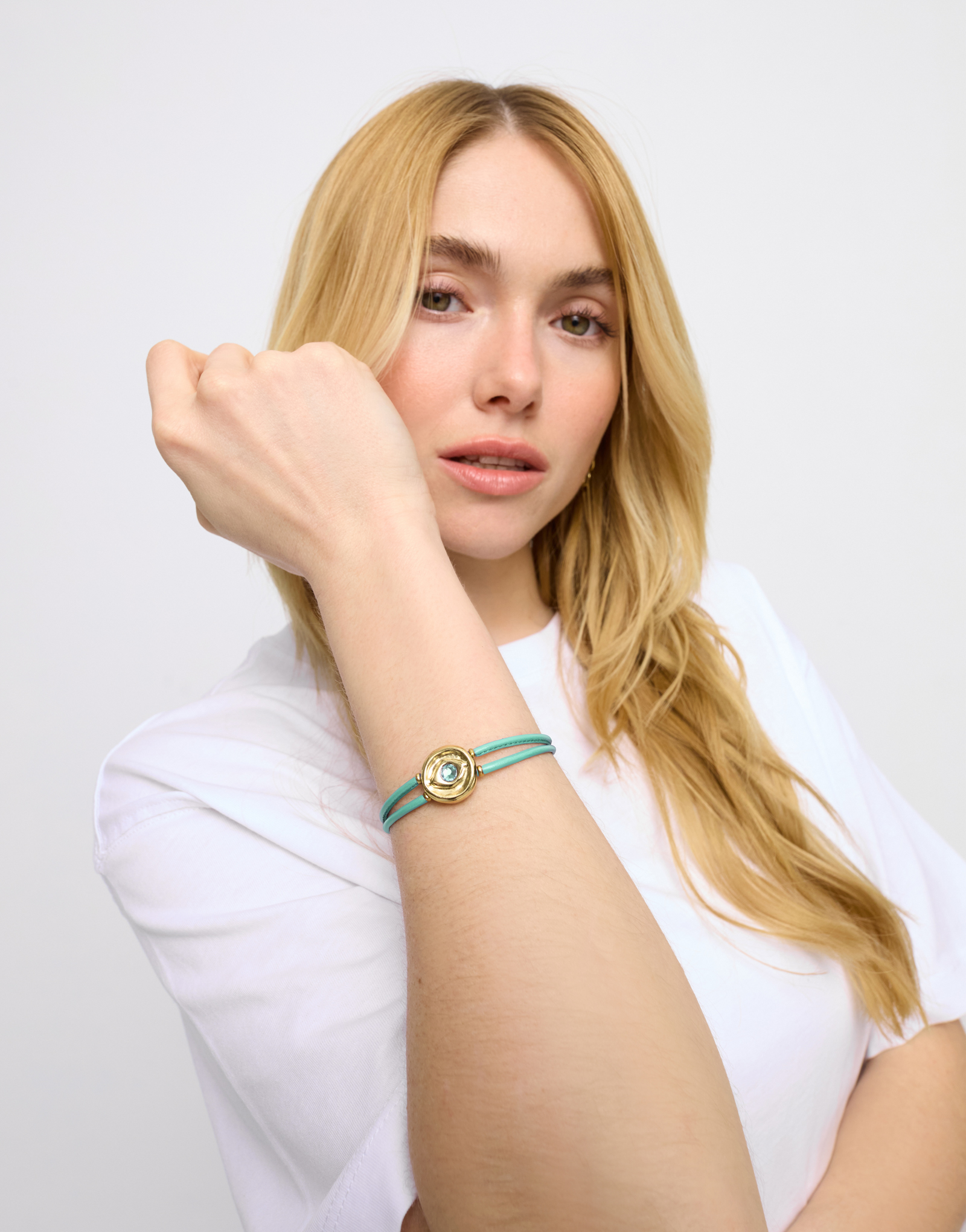 Double turquoise leather birthstone bracelet with eye, Golden, large thumbnail