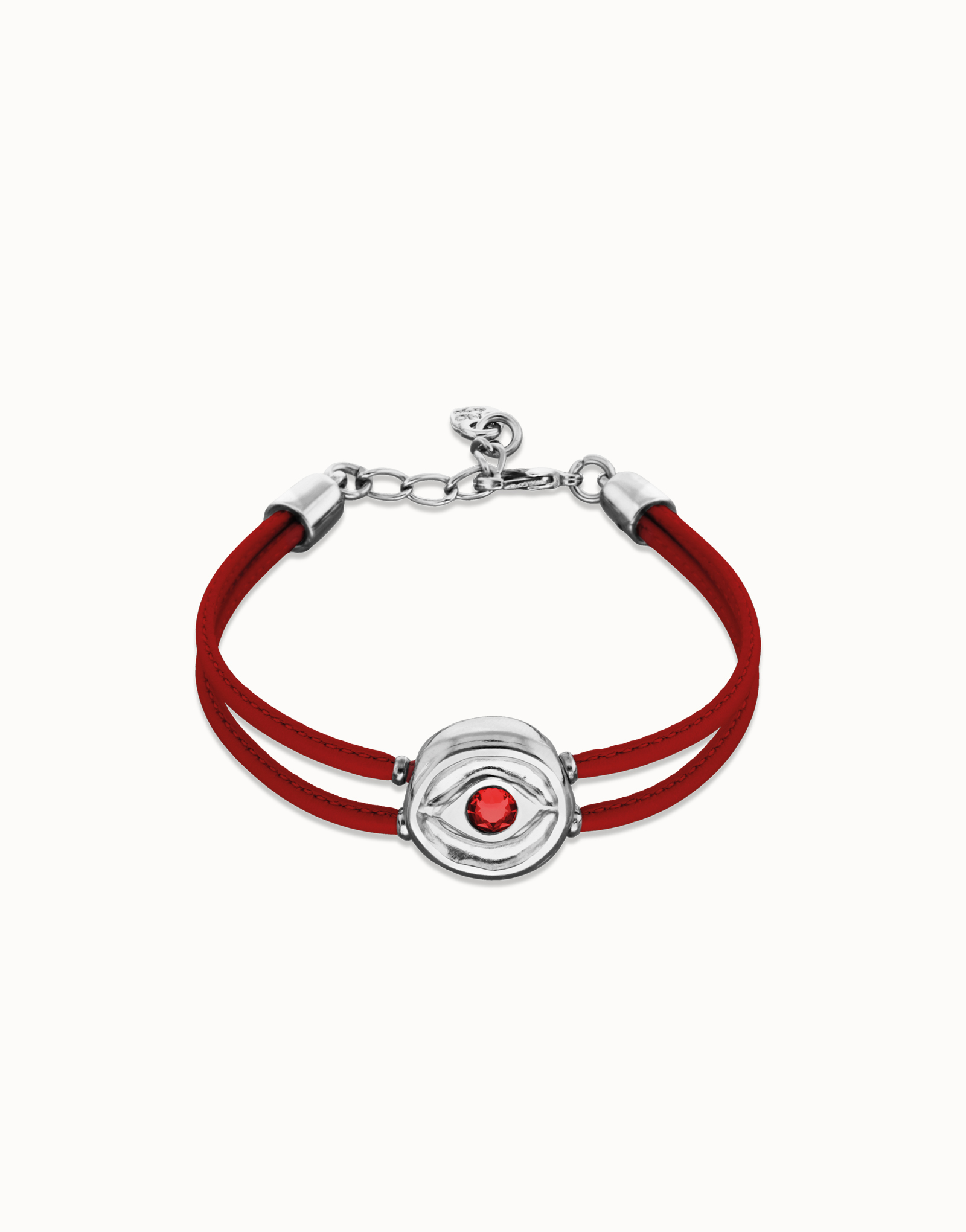 Double red leather birthstone bracelet with eye, Silver, large thumbnail