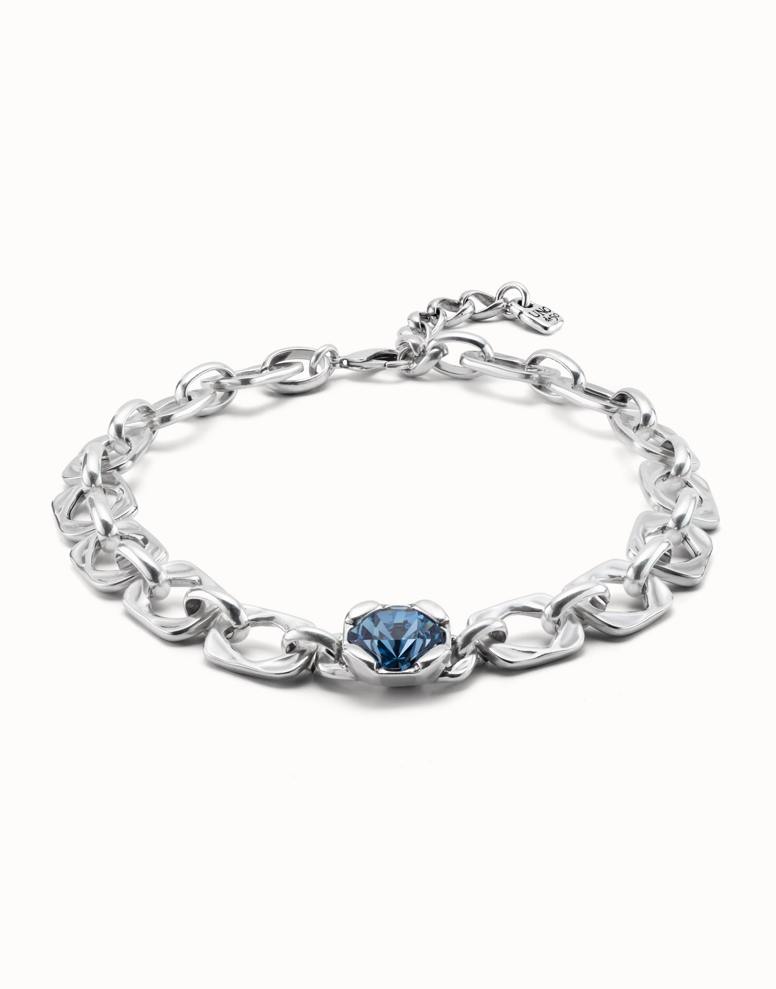 Short link chain necklace with large blue crystal, Silver, large thumbnail