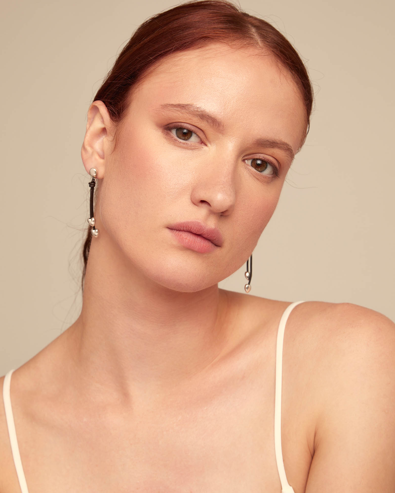 Leather drop earrings with two small hearts, Silver, large thumbnail