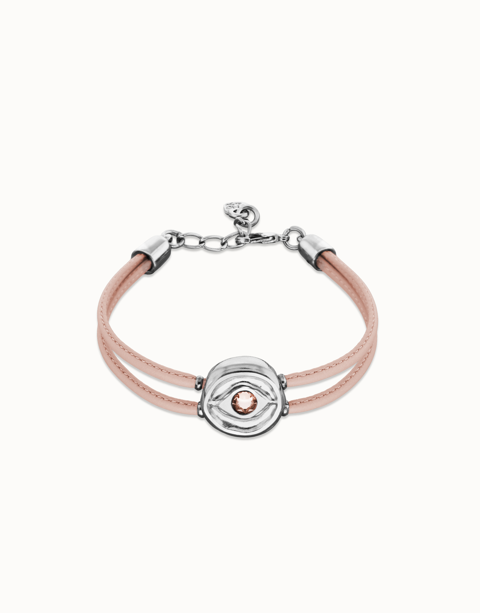 Double pink leather birthstone bracelet with eye, Silver, large thumbnail